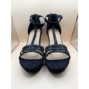 Torrid T-Strap Black Embellished Stretch Wedges Size 12WW Fabric Flocking